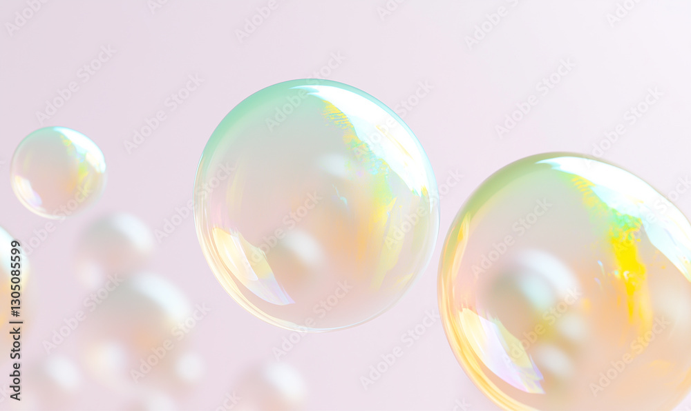 Poster bubbles iridescent floating with graphic design. soap bubbles with iridescent effect create abstract