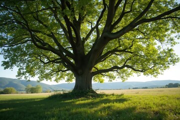 Obraz premium A Large Tree in the Middle of a Grassy Field - Generative AI