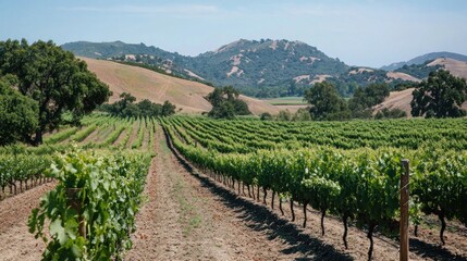 Vineyard Rows Stretch to Hills