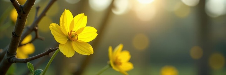 Yellow flowers peeking out from behind a bare tree branch, blooms, floral, yellow flowers