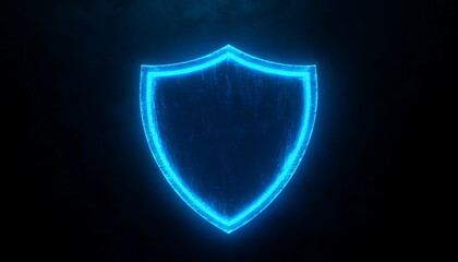 A blue neon shield on a black background, creating a striking contrast and emphasizing modern tech aesthetics. ,

