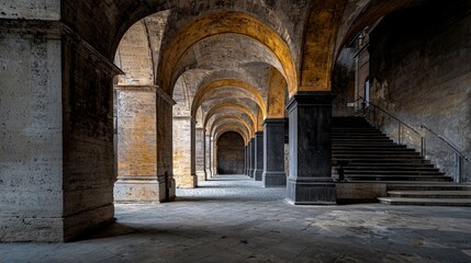 Obraz premium Roman arches showcase elegant architecture in historic structure captivating interior space dramatic lighting