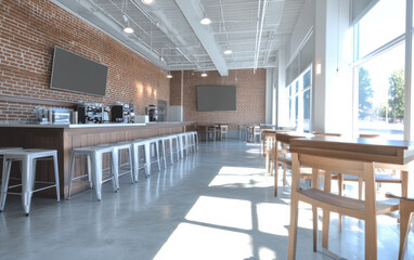 Modern cafe interior with exposed brick and bright natural light during daytime