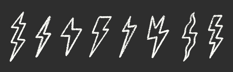 Chalk Lightning Bolt Blackboard Vector Set. Crayon Scribble Blizzard Shapes Collection. Colorful Hand Drawn Brush Texture Drawing. Pencil Emphasis Elements Charcoal Doodle Decorative Bundle