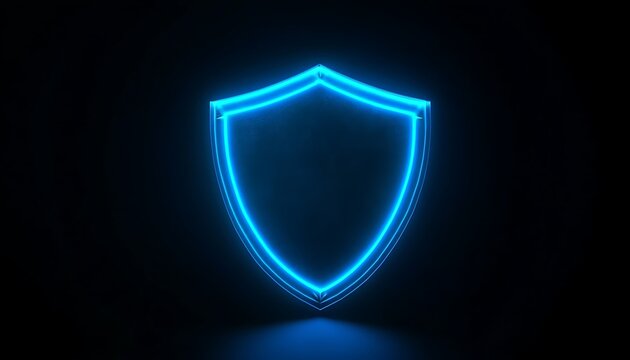 A blue neon shield on a black background, creating a striking contrast and emphasizing modern tech aesthetics. ,

