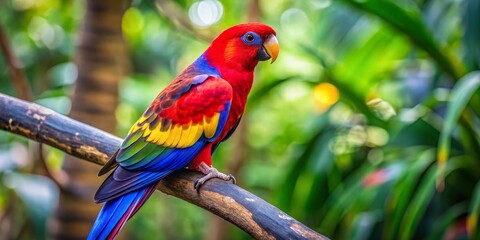 Obraz premium A vibrant parrot perched on a branch, showcasing its iridescent plumage against a lush green backdrop