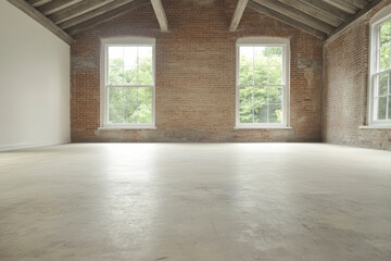 Empty industrial space with exposed brick walls and large windows providing natural light
