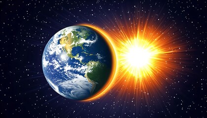 Earth axis diagram illustration showing the tilt of the Earth's rotational axis relative to its orbital plane, explaining the cause of seasonal changes and the distribution of sunlight. ,

