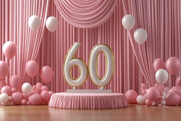 60th birthday celebration setup festive venue event decoration cheerful atmosphere close-up view milestone theme