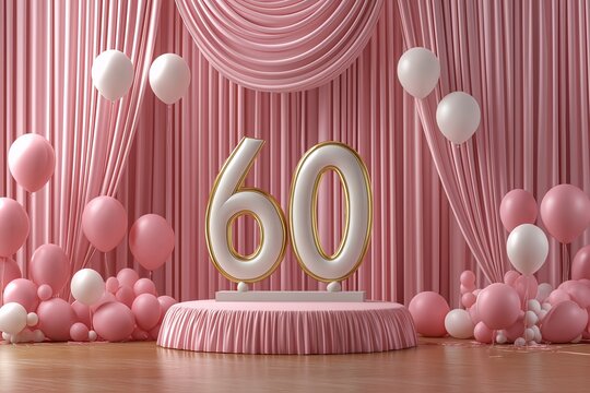 60th birthday celebration setup festive venue event decoration cheerful atmosphere close-up view milestone theme