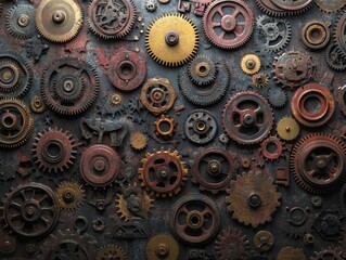 Rusty metal gears and cogs background.