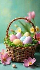 Pastel-colored eggs in woven basket, spring flowers ,  spring,  cheerful