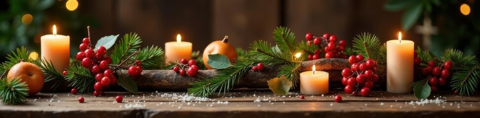 Rustic Christmas table, wood, candles, berries, natural elements , napkins, place settings