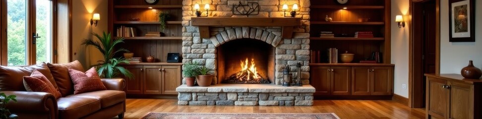 Rustic stone fireplace in a finished basement , basement, space, pattern