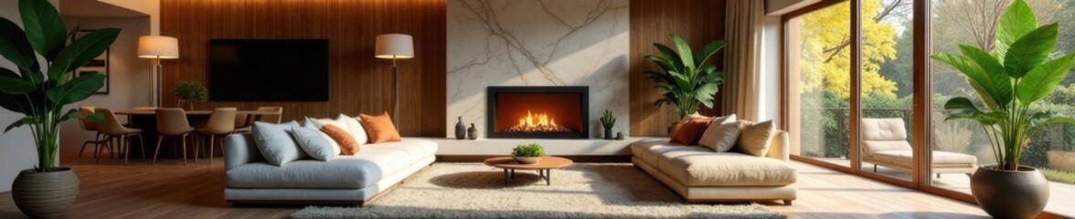 Spacious living area, fireplace, plush seating, natural light, seating, fireplace, architecture