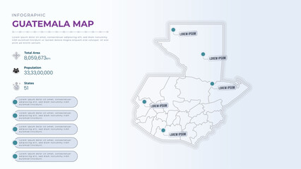 Total Area, Papulation, States & More Detailed Infographic Map of Guatemala. Guatemala country map infographic colored vector template with regions and pointer marks.