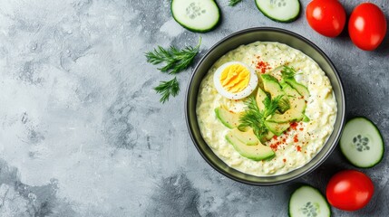 A vibrant bowl of creamy avocado dip garnished with boiled egg, fresh herbs, cucumber slices, and cherry tomatoes on a textured gray surface.