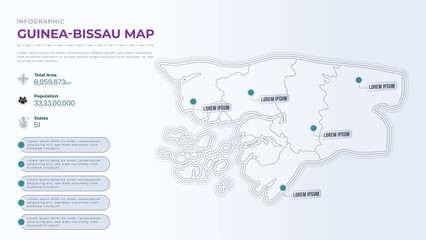 Total Area, Papulation, States & More Detailed Infographic Map of Guinea-Bissau. Guinea-Bissau country map infographic colored vector template with regions and pointer marks.