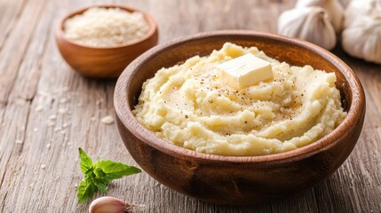 Creamy mashed potatoes topped with butter, accompanied by garlic and sesame seeds, served in a rustic wooden bowl.