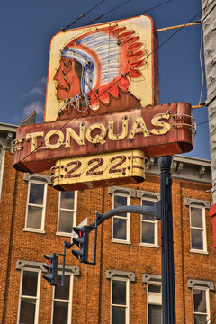 Order of Redmen, Tonquas Neon sign on Main Street in Troy Ohio. USA 2025