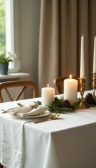 Elegant white tablecloth, gold accents, candles, pine cones, rustic, candles