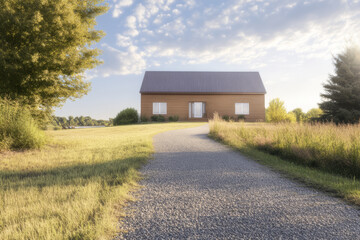 Obraz premium Cozy wooden house surrounded by nature on a sunny day with a gravel pathway