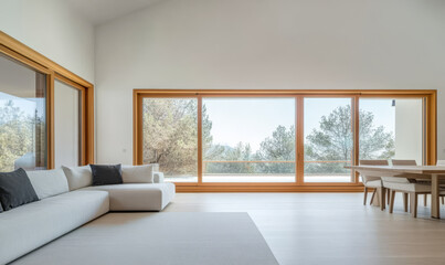 Cozy modern living room with large windows and wooden accents in a serene setting