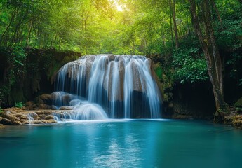 Obraz premium Serene Waterfall Cascading into Tropical Pool Surrounded by Lush Green Forest in Tranquil Nature Setting at Golden Hour Light
