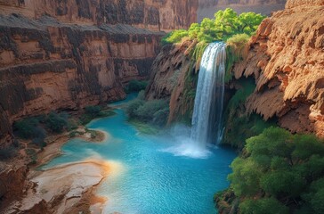 Naklejka premium Serene Waterfall Cascading into Turquoise Pool Amidst Rugged Canyon with Vibrant Greenery and Stunning Rock Formations in Stunning Natural Landscape