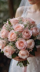 Bridal bouquet of delicate pink roses in the bride's hands
