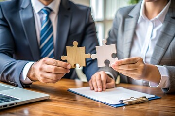 Two businesspeople’s hands holding matching jigsaw puzzle pieces, symbolizing teamwork and strategy.