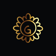Golden letter G monogram in floral badge style in black background luxury emblem design