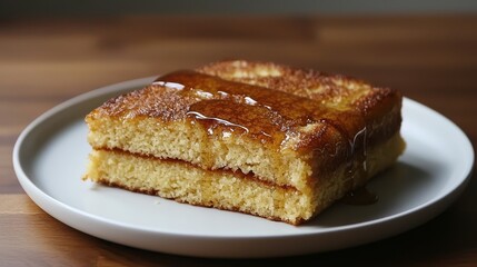 A fluffy, golden dessert slice drizzled with syrup, served on a white plate, showcasing its soft texture and inviting appearance.