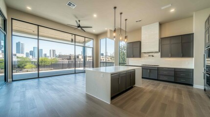 Naklejka premium Bright modern kitchen in a new home, featuring high ceilings, backyard access, and a chic island