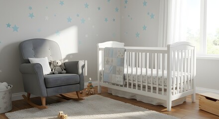 Cozy and Inviting Nursery with Starry Wall Decor and Soft Light