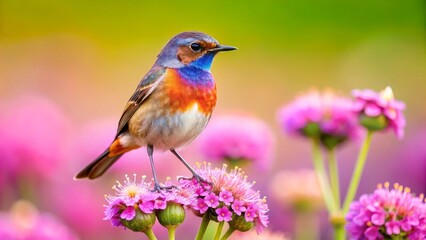 A Vibrant Little Bird Perched Gracefully on a Cluster of Delicate Pink Blossoms in a Serene Garden Setting
