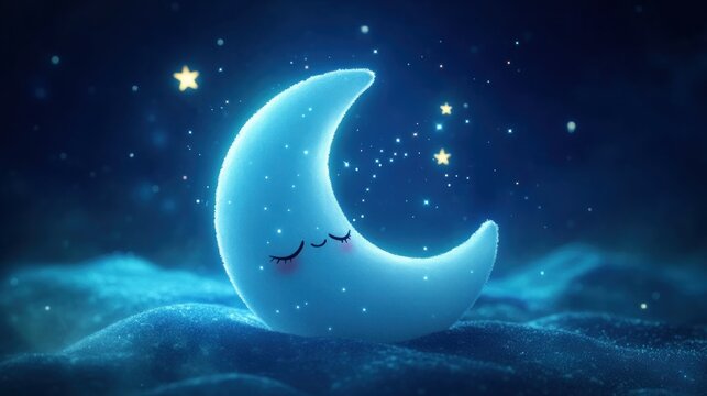 Cute moon sleeping in starry night