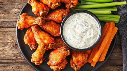 A tempting platter of spicy chicken wings served with celery and carrots, accompanied by a creamy dipping sauce, perfect for sharing.