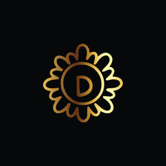 Golden letter D monogram in floral badge style in black background luxury emblem design