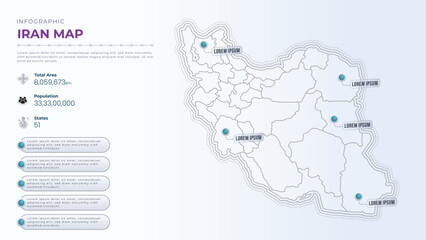 Total Area, Papulation, States & More Detailed Infographic Map of Iran. Iran country map infographic colored vector template with regions and pointer marks.