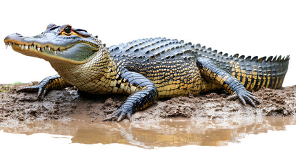 Fototapeta premium Spectacled caiman resting on a muddy riverbank, stealthy rainforest predator