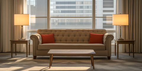 Chic living room with a beige couch and bright natural light in a modern apartment