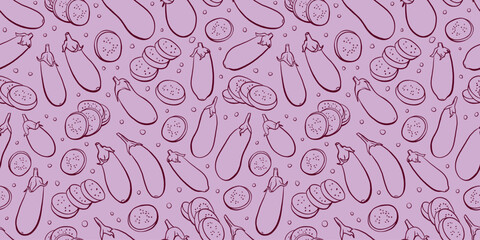 Purple Doodle Eggplant Seamless Pattern. Line Vector Background