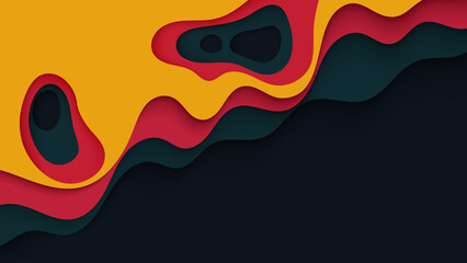 A striking abstract background with a layered paper-cut effect in bold colors of black, red, and yellow.