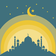 Illustrative Mosque Silhouette with Crescent Moon and Starry Night © novianti
