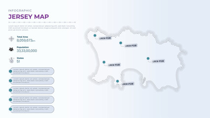 Total Area, Papulation, States & More Detailed Infographic Map of Jersey. Jersey country map infographic colored vector template with regions and pointer marks.