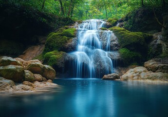 Naklejka premium Serene Waterfall Cascading Over Mossy Rocks in a Lush Green Forest Surrounded by Tranquil Blue Water and Vibrant Nature Scene