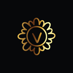 Golden letter V monogram in floral badge style in black background luxury emblem design