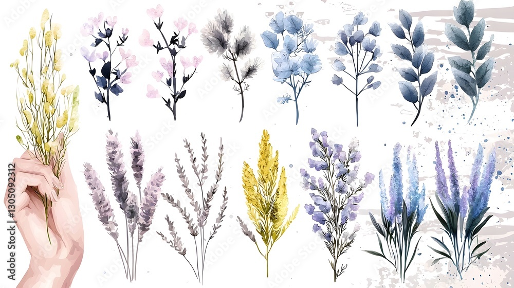 Poster a delicate collection of hand painted watercolor botanical elements featuring a variety of floral fo