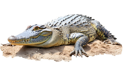 Fototapeta premium New Guinea crocodile basking on a riverbank, powerful and ancient
